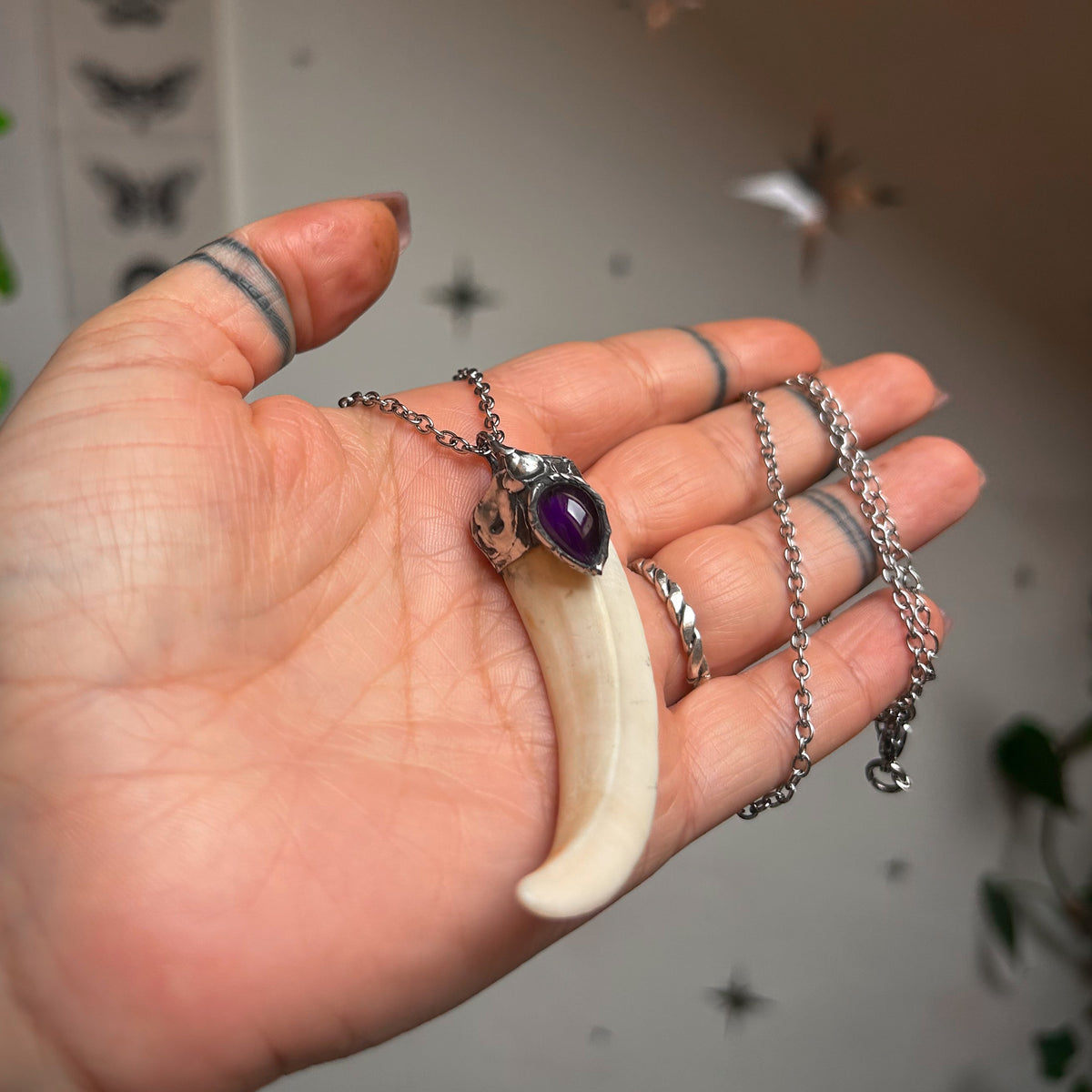 Boar tusk necklace - amethyst
