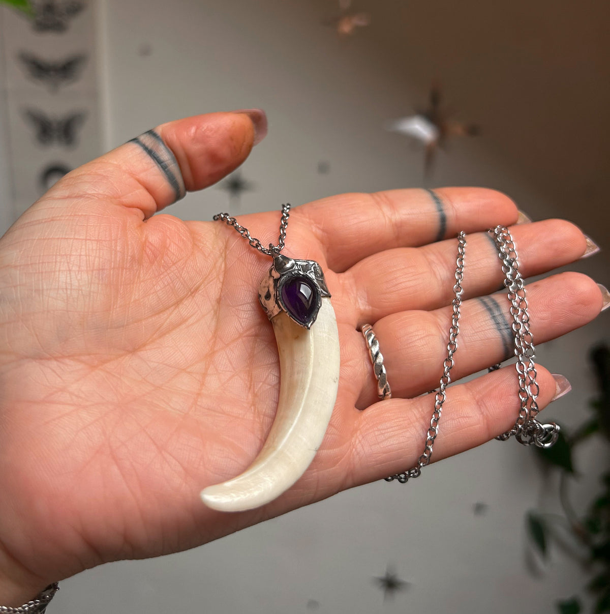 Boar tusk necklace - amethyst
